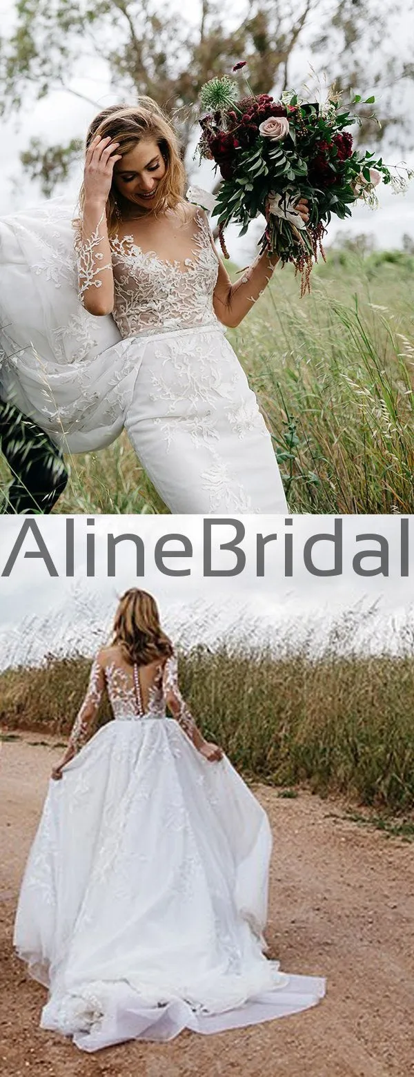 Long Sleeve Illusion lace Top Detachable Overskirt Wedding Dresses, AB1568