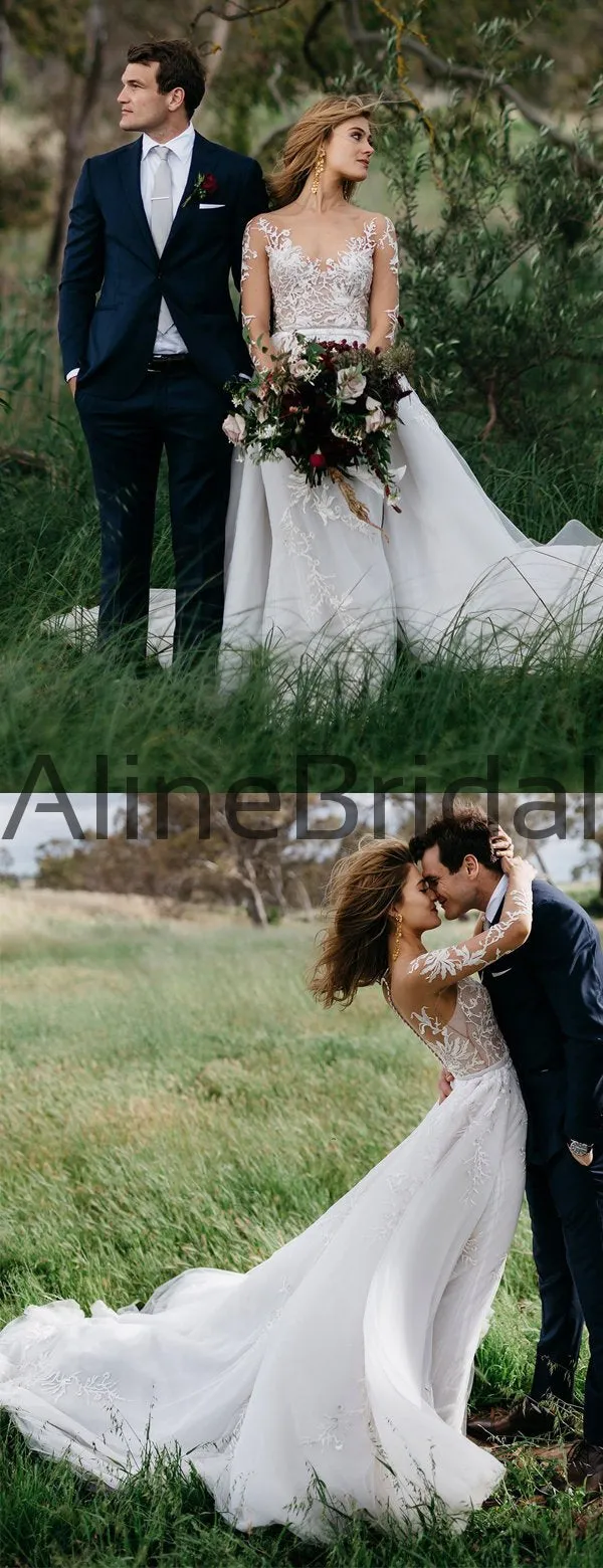 Long Sleeve Illusion lace Top Detachable Overskirt Wedding Dresses, AB1568
