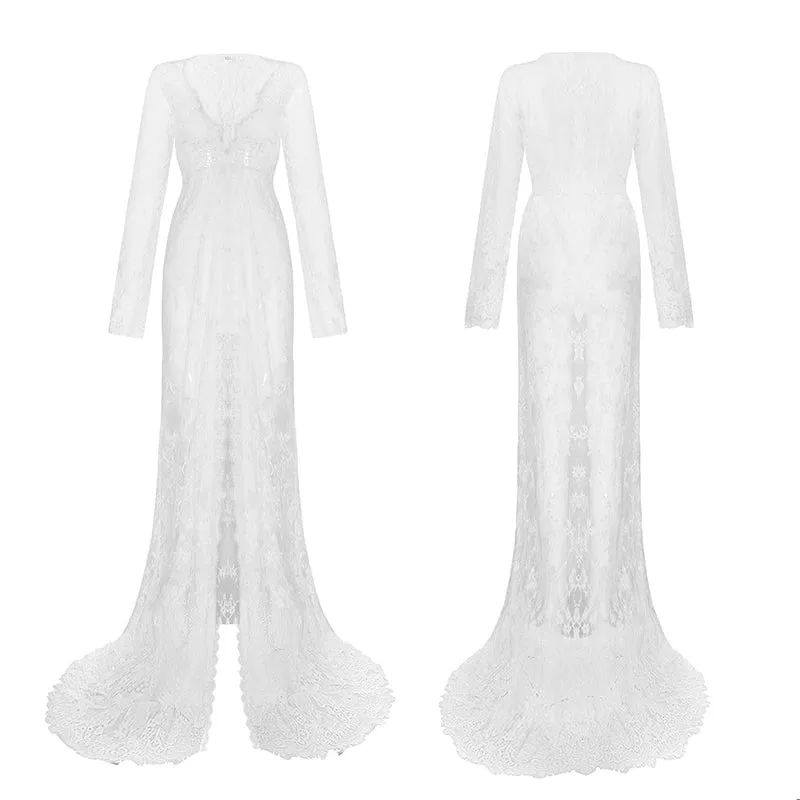 Long Women's Lace Front Split Photography Dress Transparent Party Ball Gown Prom See-through Maxi Dress