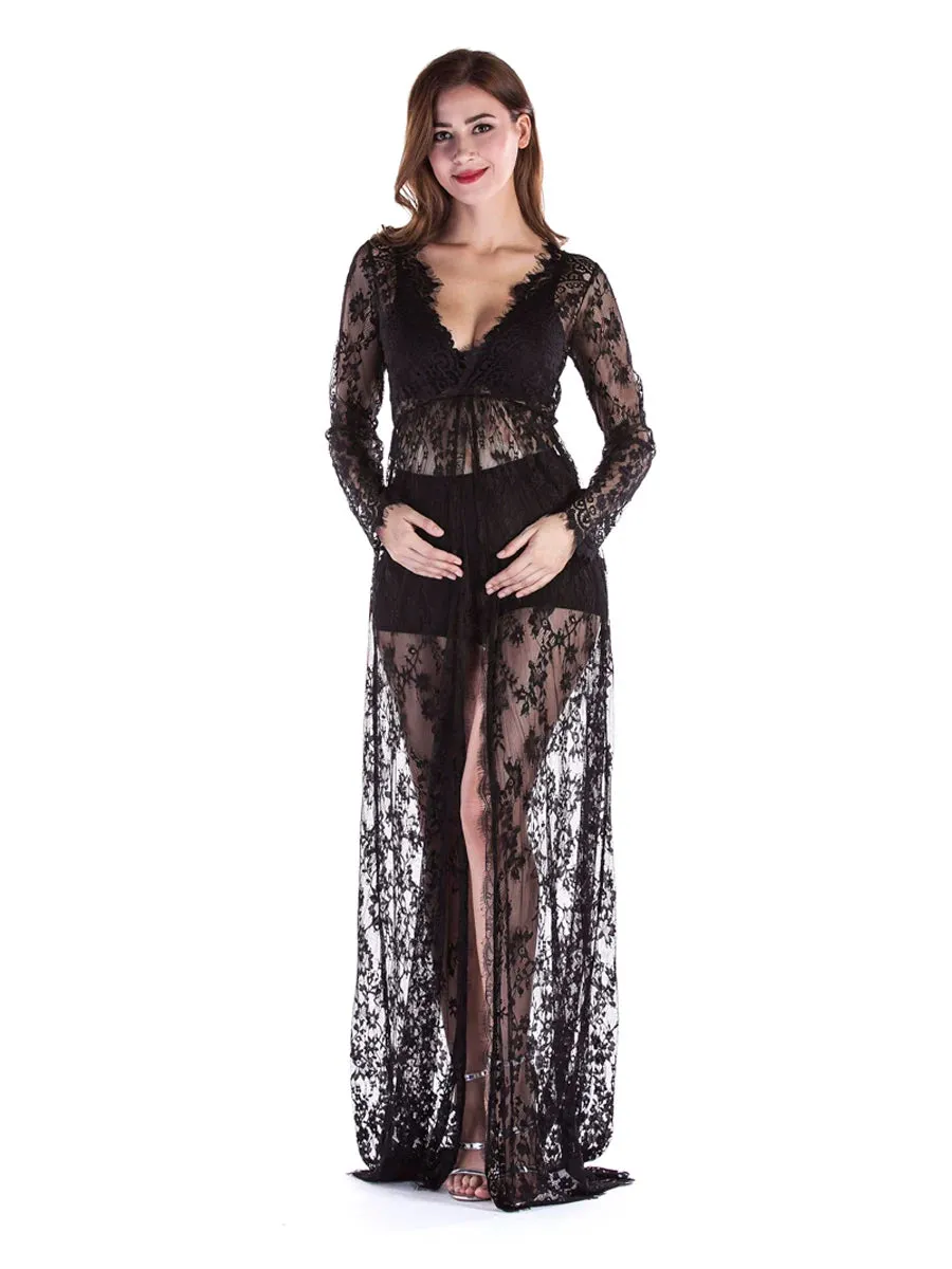 Long Women's Lace Front Split Photography Dress Transparent Party Ball Gown Prom See-through Maxi Dress
