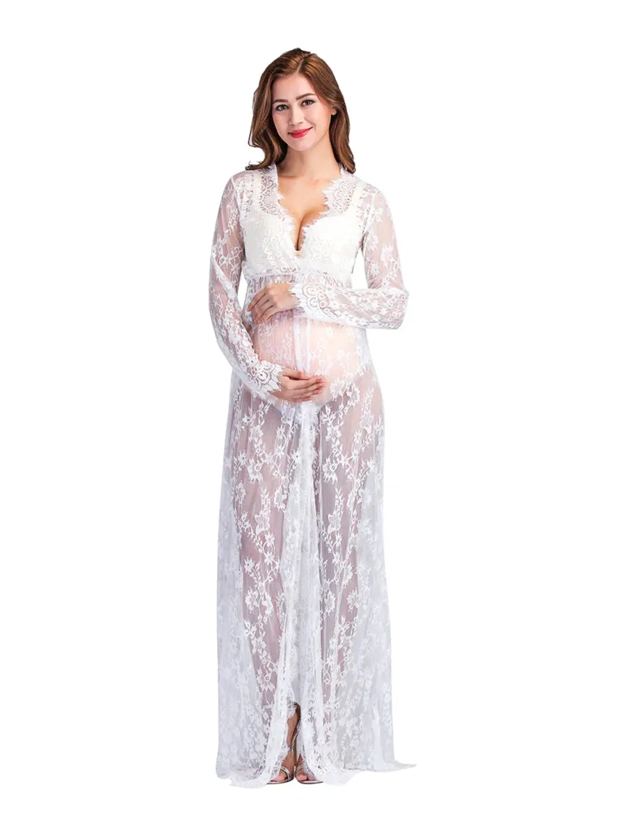 Long Women's Lace Front Split Photography Dress Transparent Party Ball Gown Prom See-through Maxi Dress