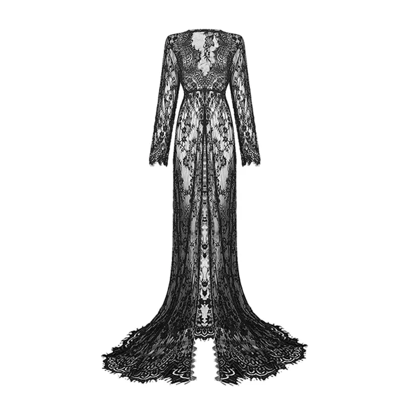 Long Women's Lace Front Split Photography Dress Transparent Party Ball Gown Prom See-through Maxi Dress