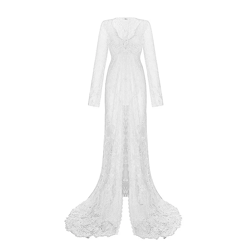 Long Women's Lace Front Split Photography Dress Transparent Party Ball Gown Prom See-through Maxi Dress