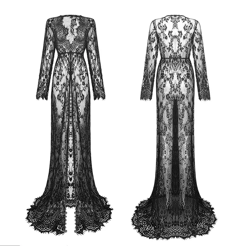 Long Women's Lace Front Split Photography Dress Transparent Party Ball Gown Prom See-through Maxi Dress