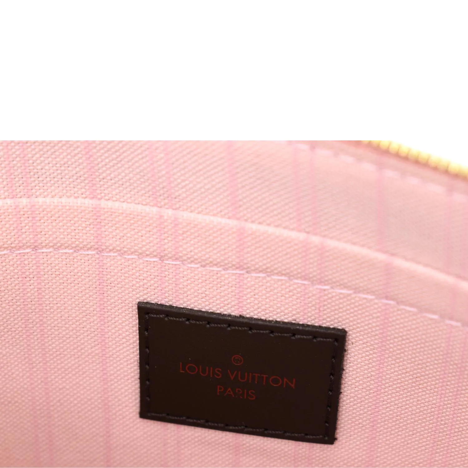 LOUIS VUITTON Neverfull Damier Ebene Pochette Wristlet Pouch Rose Ballerine