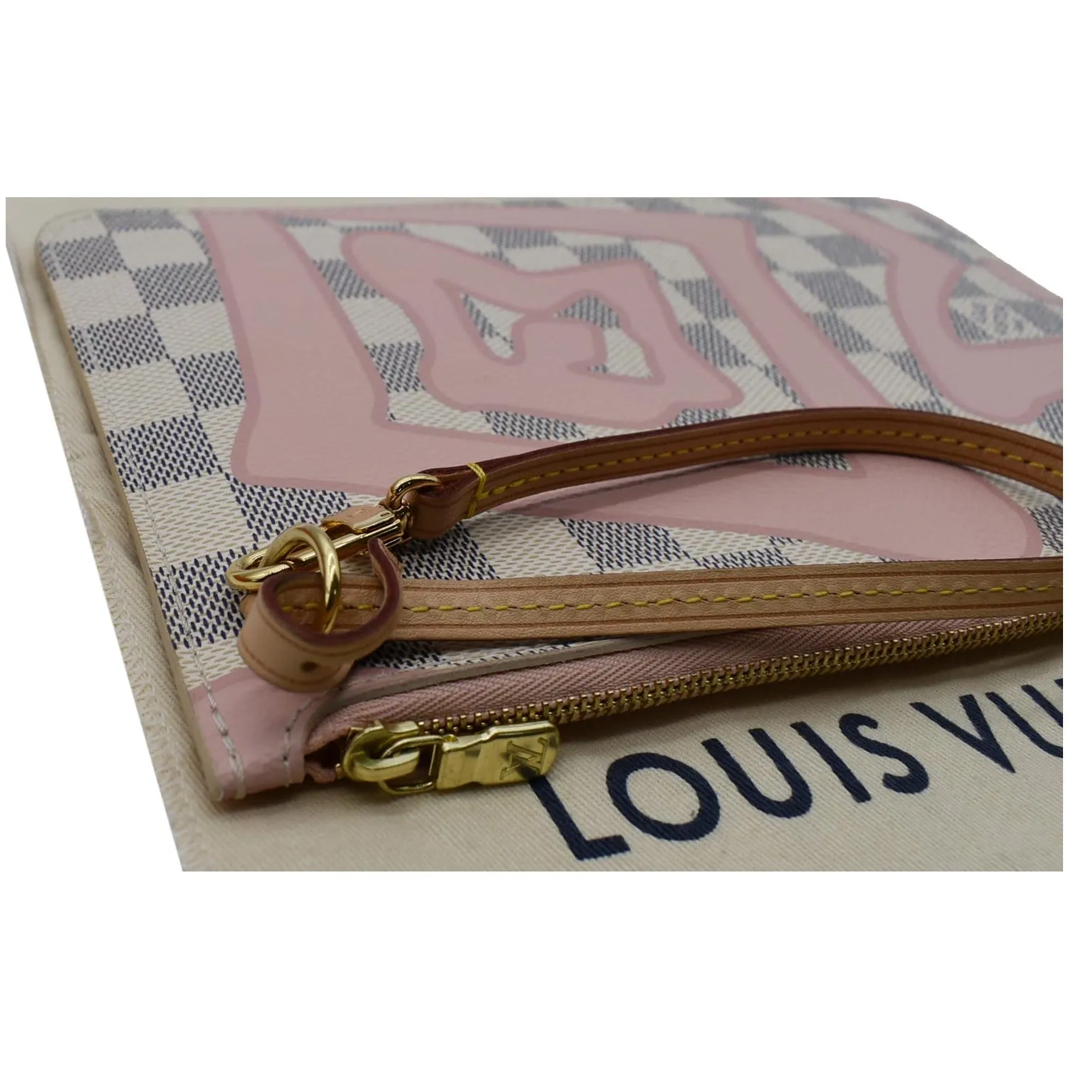 LOUIS VUITTON Tahitienne Pochette Wristlet Pouch Damier Azur Neverfull MM Pink