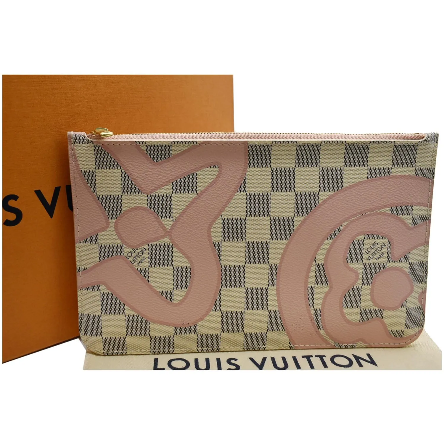 LOUIS VUITTON Tahitienne Pochette Wristlet Pouch Damier Azur Neverfull MM Pink