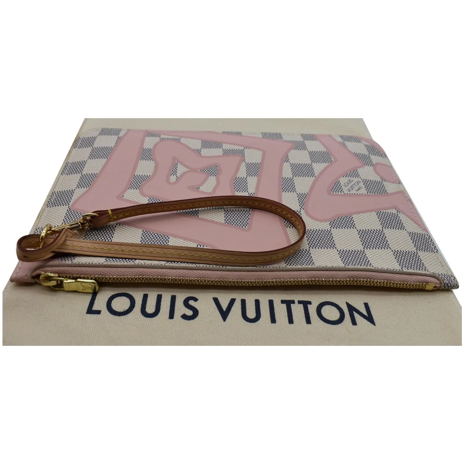 LOUIS VUITTON Tahitienne Pochette Wristlet Pouch Damier Azur Neverfull MM Pink