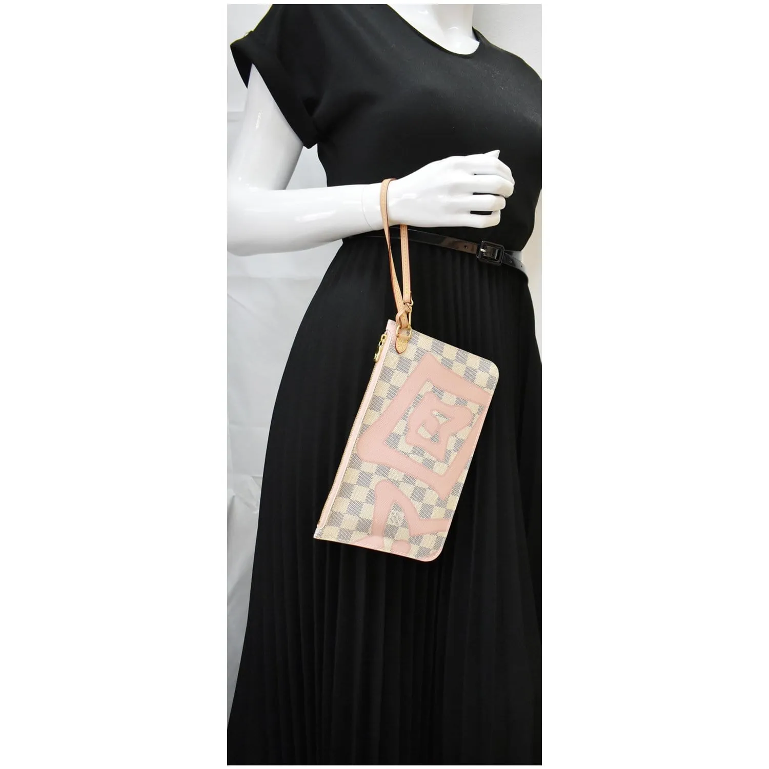 LOUIS VUITTON Tahitienne Pochette Wristlet Pouch Damier Azur Neverfull MM Pink