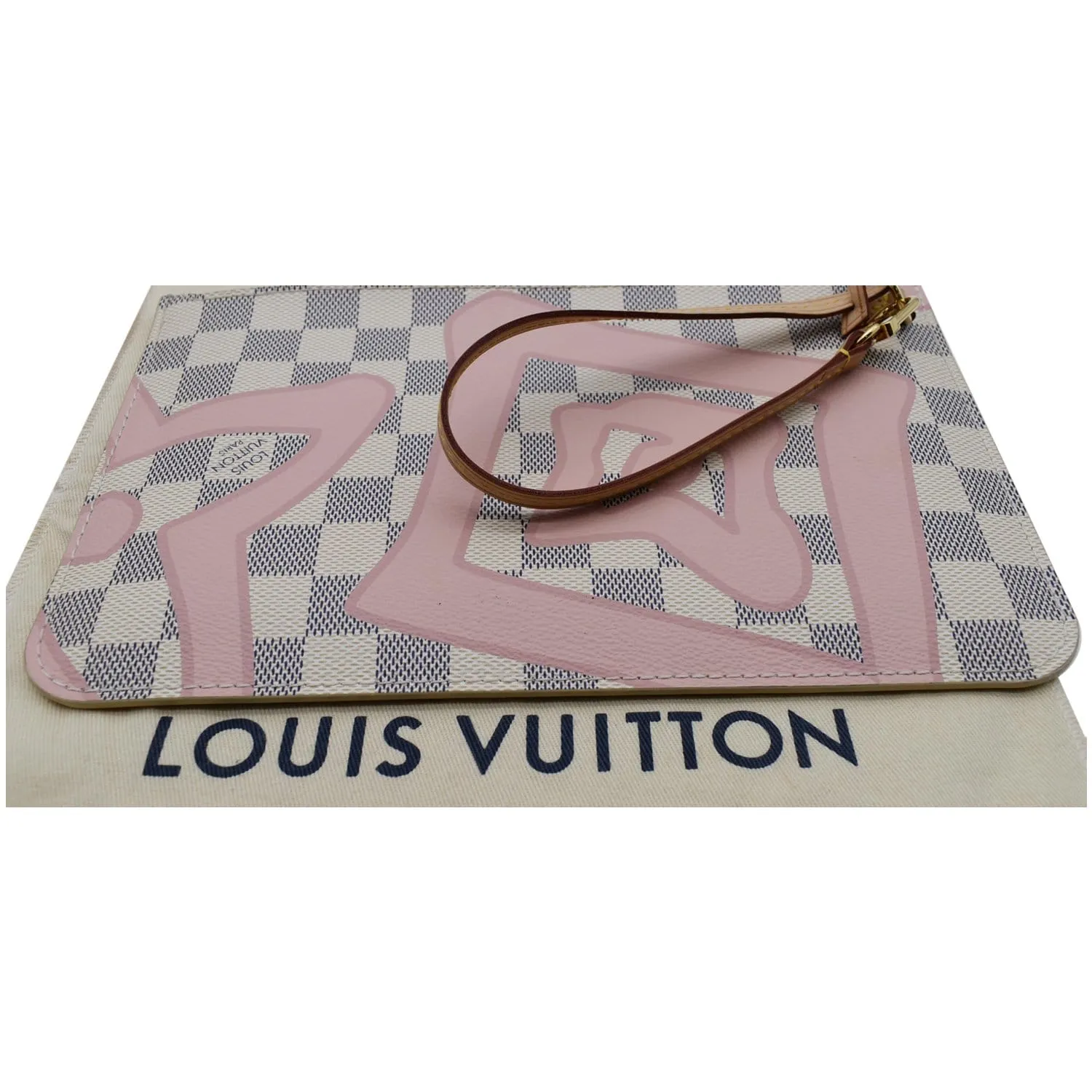 LOUIS VUITTON Tahitienne Pochette Wristlet Pouch Damier Azur Neverfull MM Pink