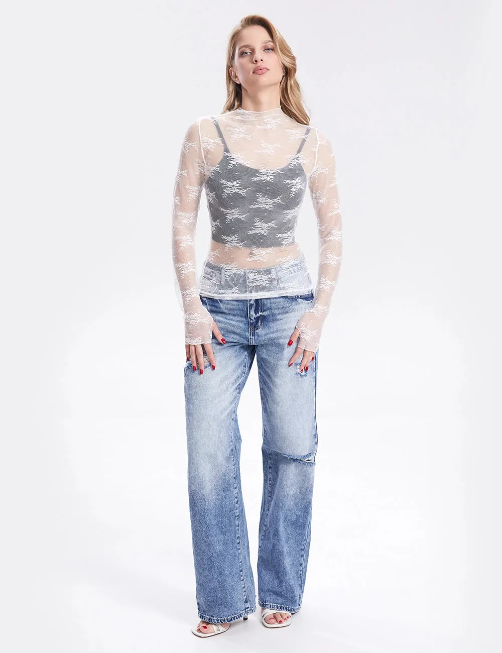 Lux Layering Floral Lace See Through Mesh Top Blouse w/ Thumb Holes