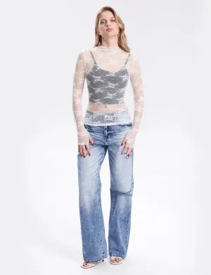 Lux Layering Floral Lace See Through Mesh Top Blouse w/ Thumb Holes