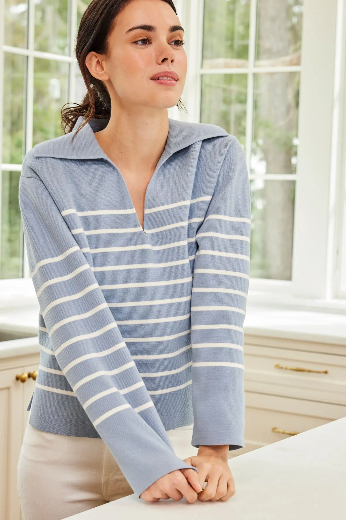 Lydia Cotton Sweater in Dusty Blue Ivory Stripe