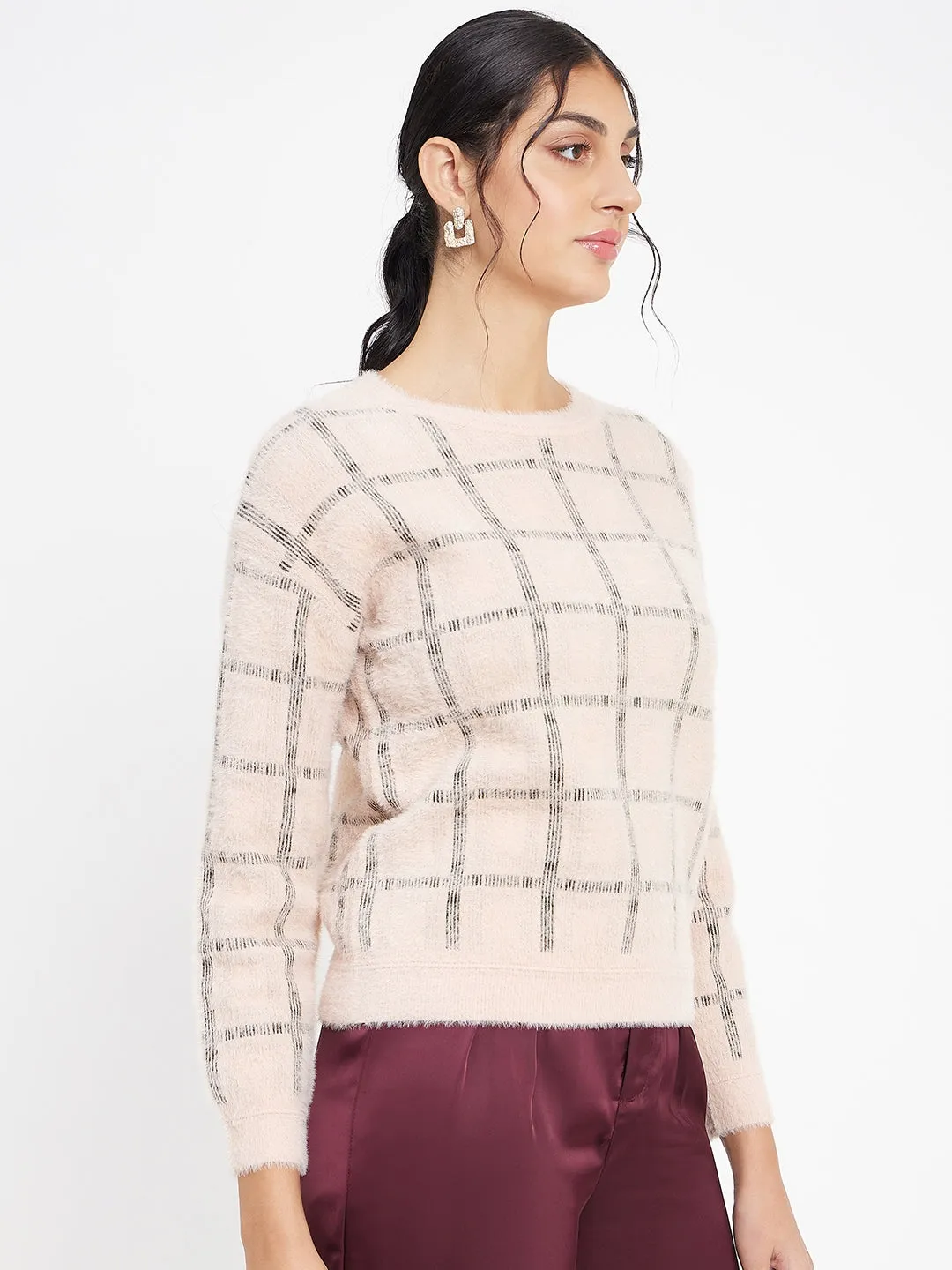 Madame Peach Feather Knit Sweater With Black Stripes