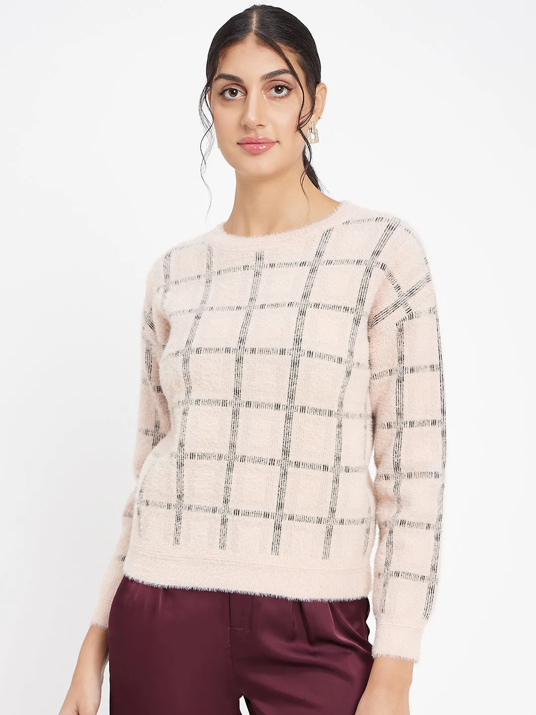 Madame Peach Feather Knit Sweater With Black Stripes