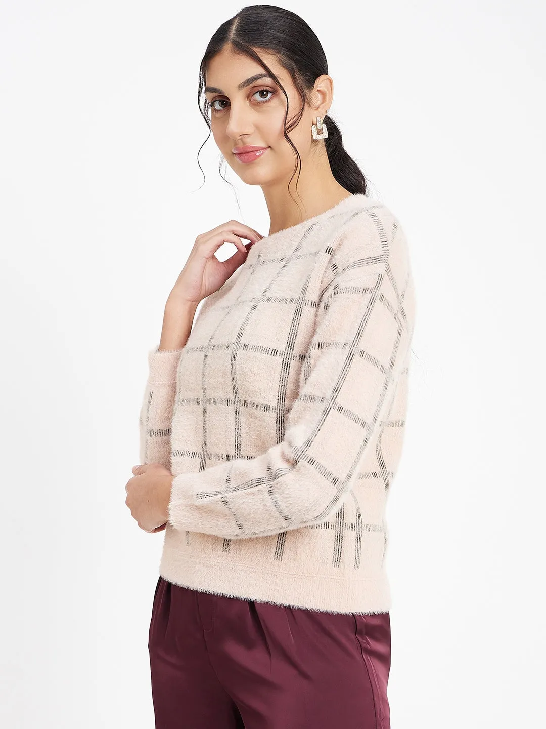 Madame Peach Feather Knit Sweater With Black Stripes
