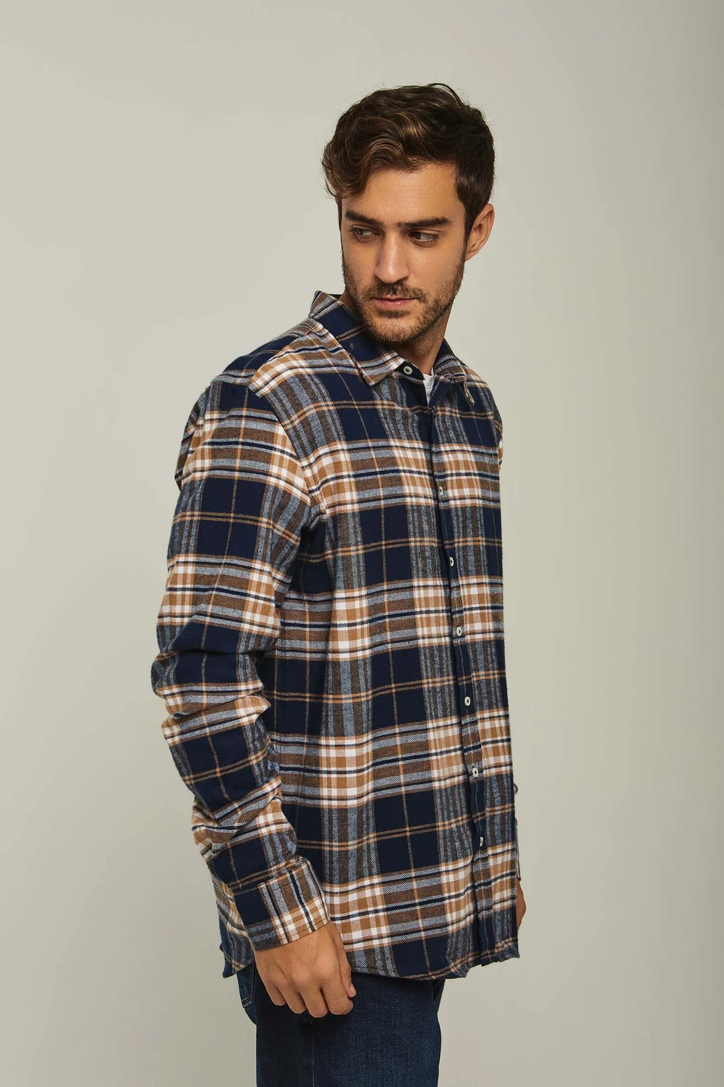 Men Shirt Long Sleeve Checked  Cotton Regular Fit Navy