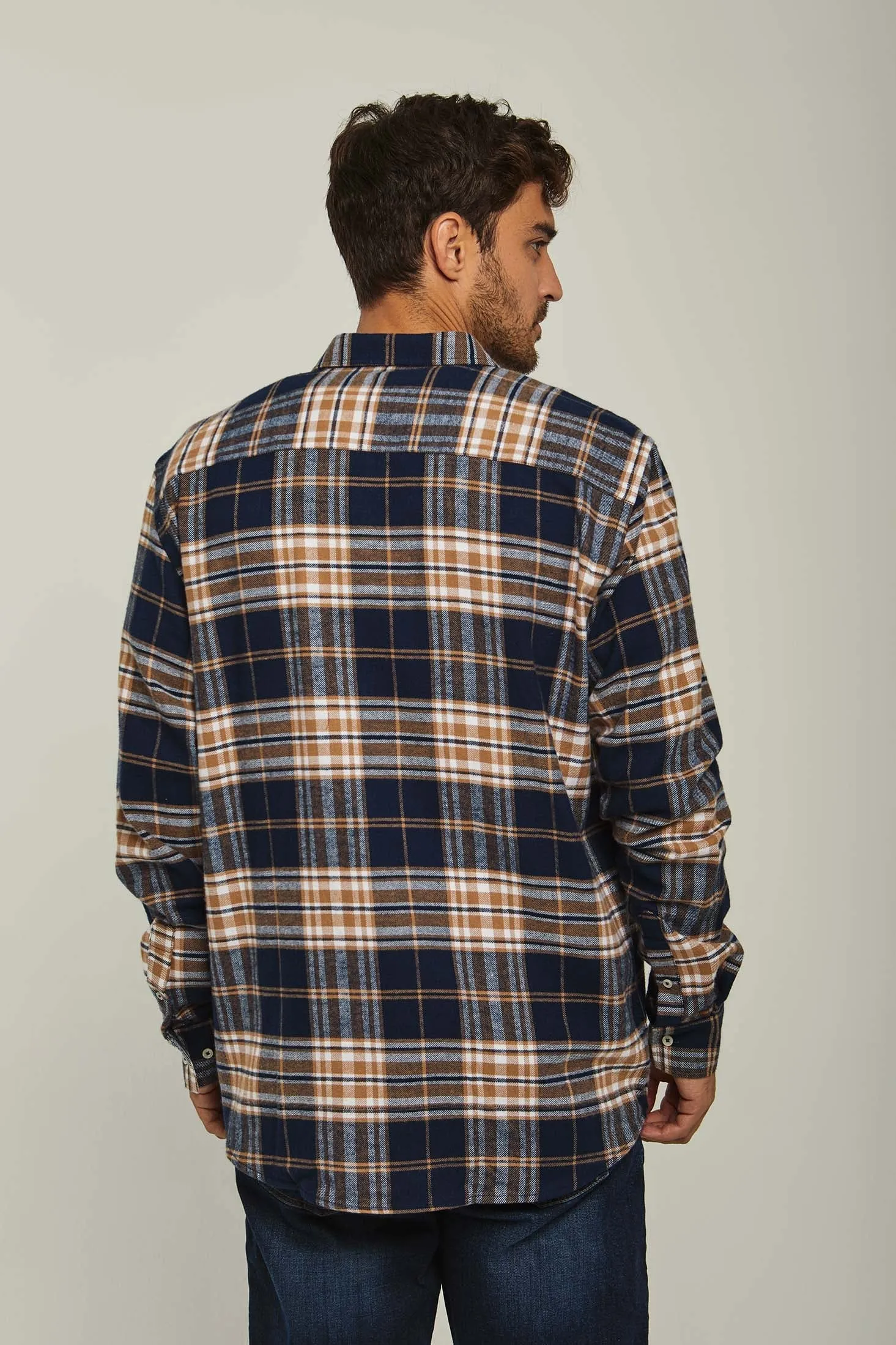 Men Shirt Long Sleeve Checked  Cotton Regular Fit Navy