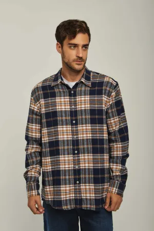 Men Shirt Long Sleeve Checked  Cotton Regular Fit Navy