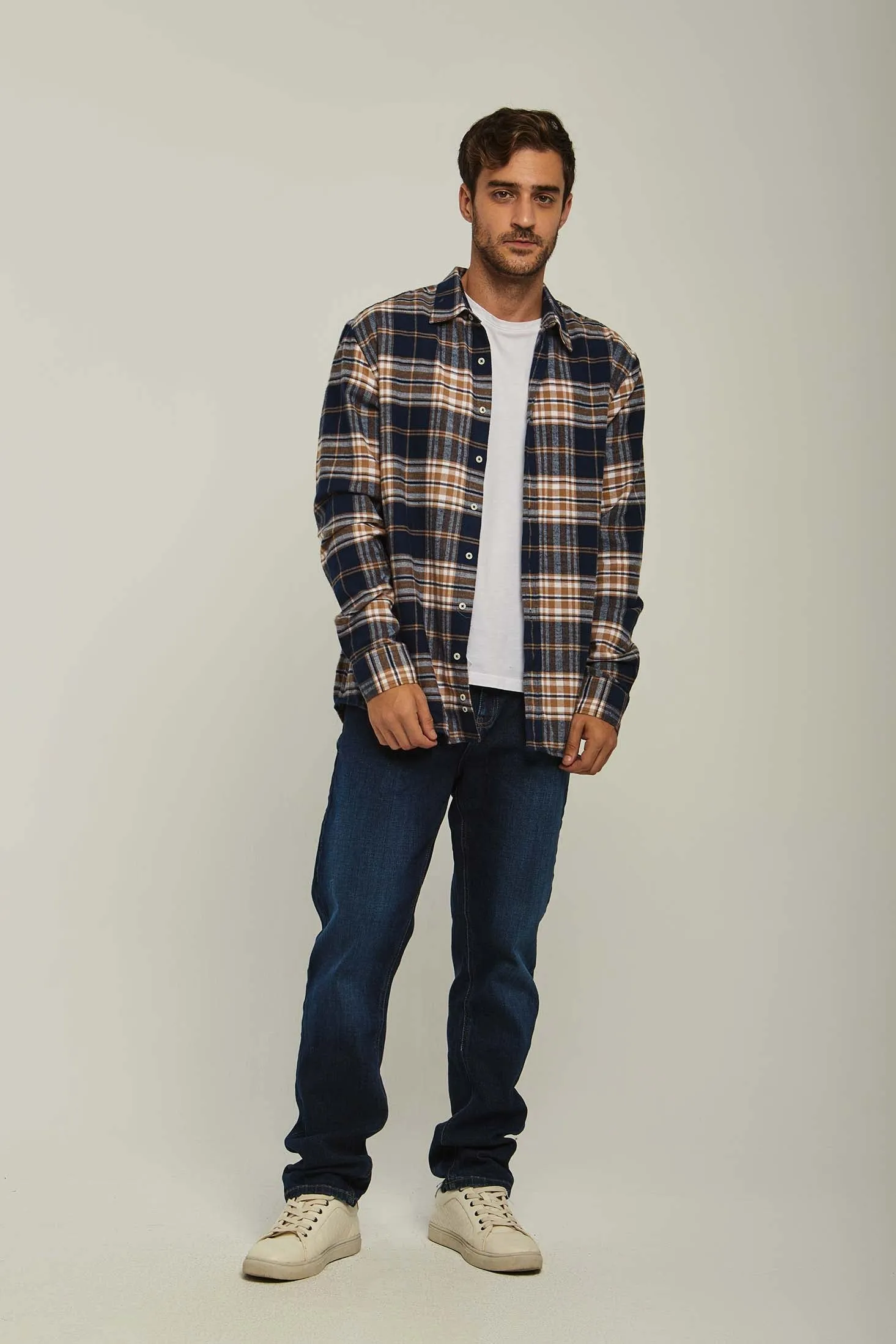 Men Shirt Long Sleeve Checked  Cotton Regular Fit Navy