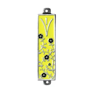 Mezuzah, Yellow Background with Green Flowers, Pewter with Enamel