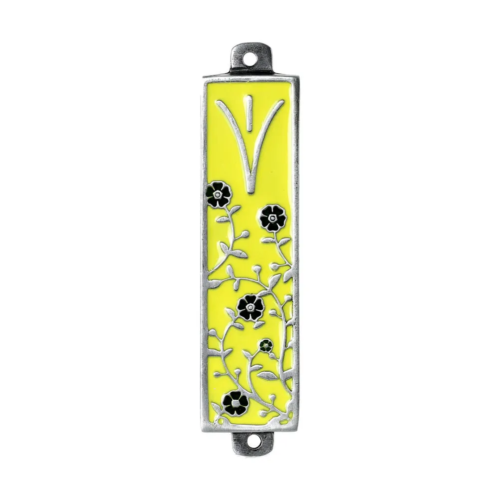 Mezuzah, Yellow Background with Green Flowers, Pewter with Enamel