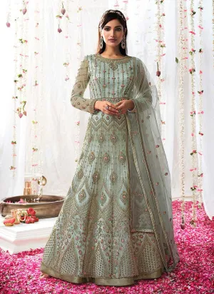 Mint Heavy Embroidered Designer Kalidar Anarkali Suit