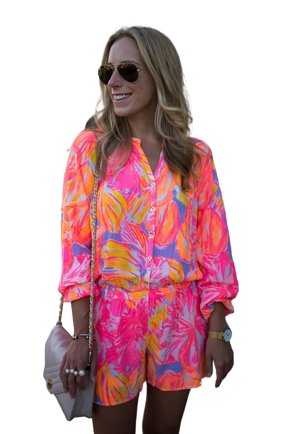 Multicolor Bold Graffiti Print Shirt Style Button Up Romper