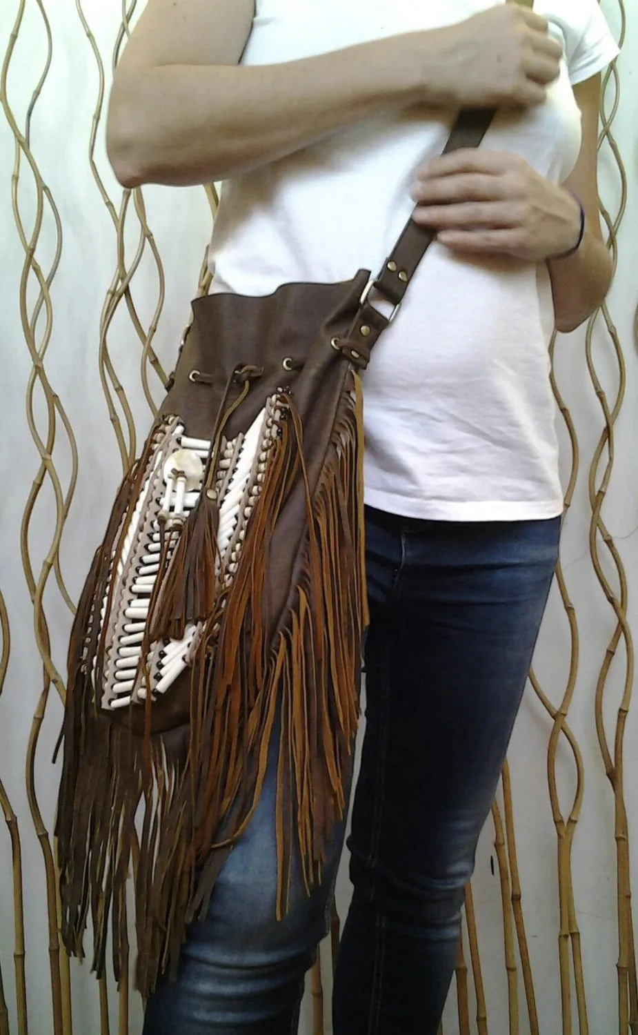 N48G- Big Brown Antique Indian leather Handbag, Native American Style bag. Crossbody bag
