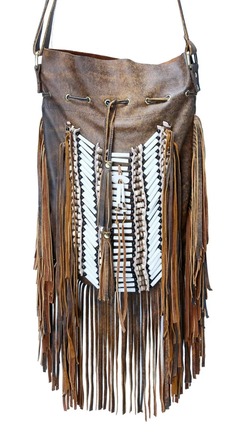 N48G- Big Brown Antique Indian leather Handbag, Native American Style bag. Crossbody bag