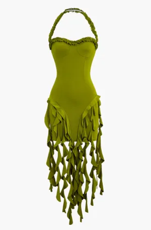 NEW Micas Ruffle Tassel Halter Bustier Mini Dress, Green, Sz S, Retails $54