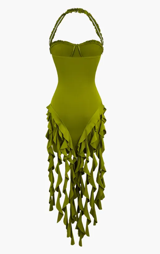 NEW Micas Ruffle Tassel Halter Bustier Mini Dress, Green, Sz S, Retails $54