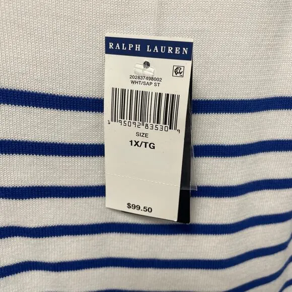 NWT Lauren Ralph Lauren White Blue Striped Short Sleeve Sweater Womens 1X