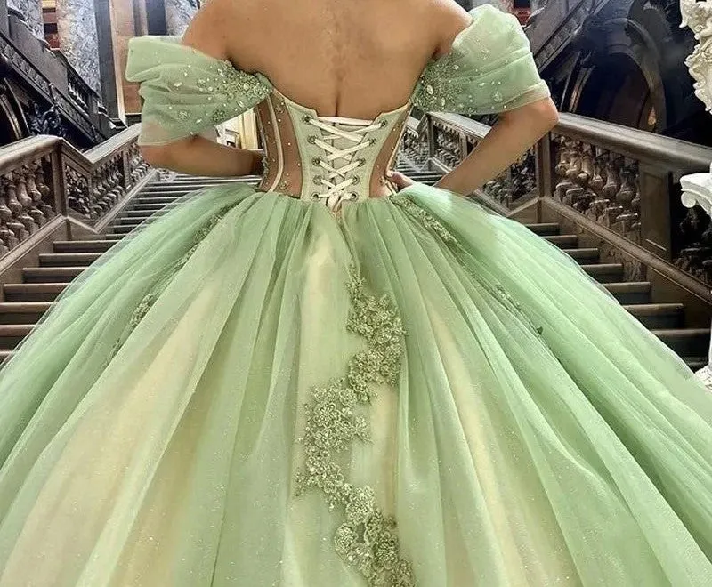 Off The Shoulder Sage See Through Quinceanera Dress