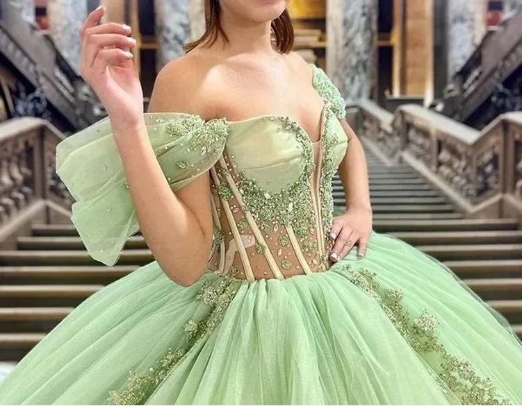 Off The Shoulder Sage See Through Quinceanera Dress