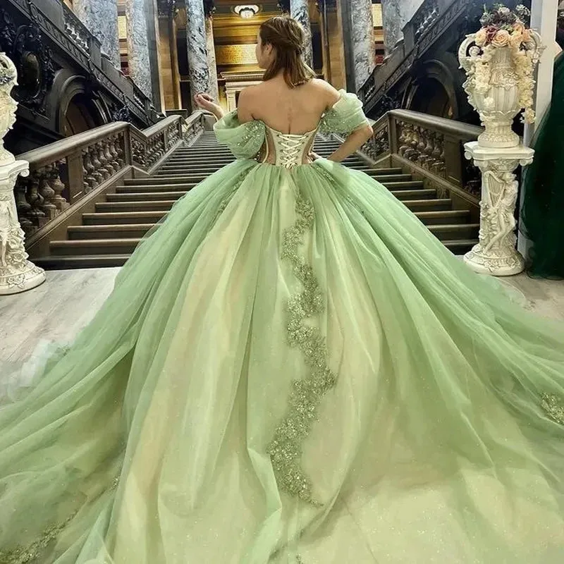 Off The Shoulder Sage See Through Quinceanera Dress