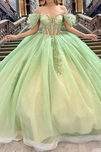 Off The Shoulder Sage See Through Quinceanera Dress