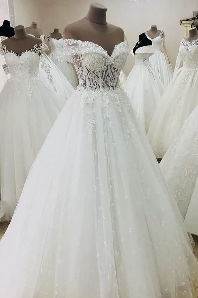 Off the Shoulder See-Through Wedding Dress with Tie Back
