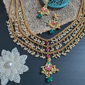 Pachi Kundan 3 Layer Pearl Drop Maala Set With Gold Plating