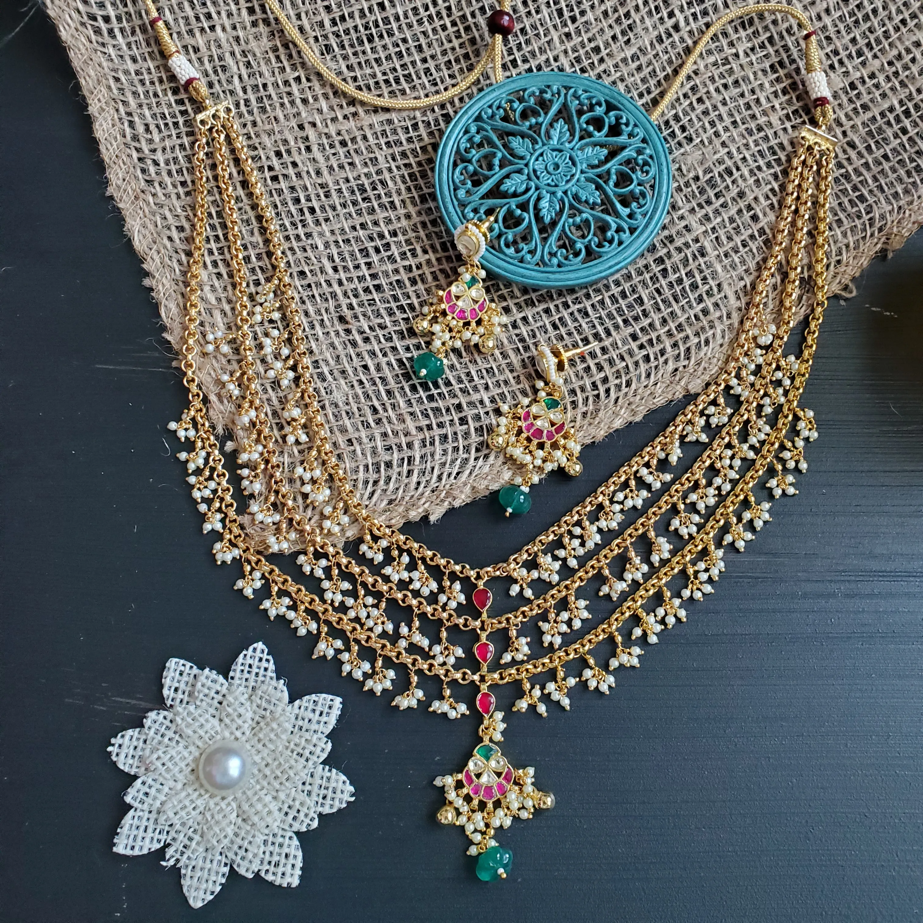 Pachi Kundan 3 Layer Pearl Drop Maala Set With Gold Plating