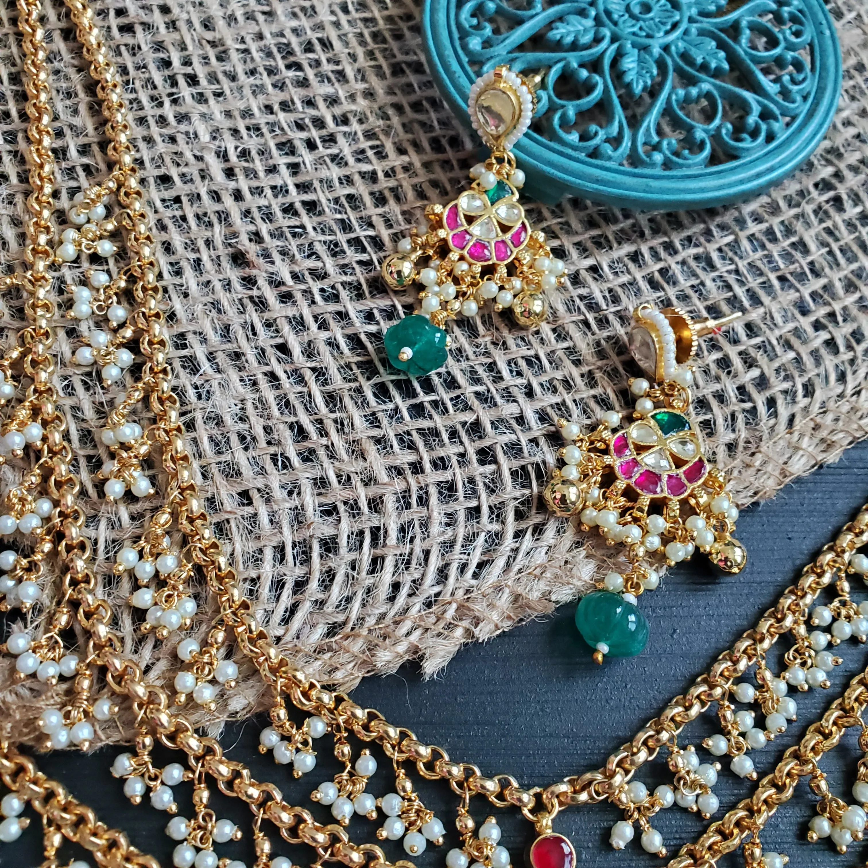 Pachi Kundan 3 Layer Pearl Drop Maala Set With Gold Plating