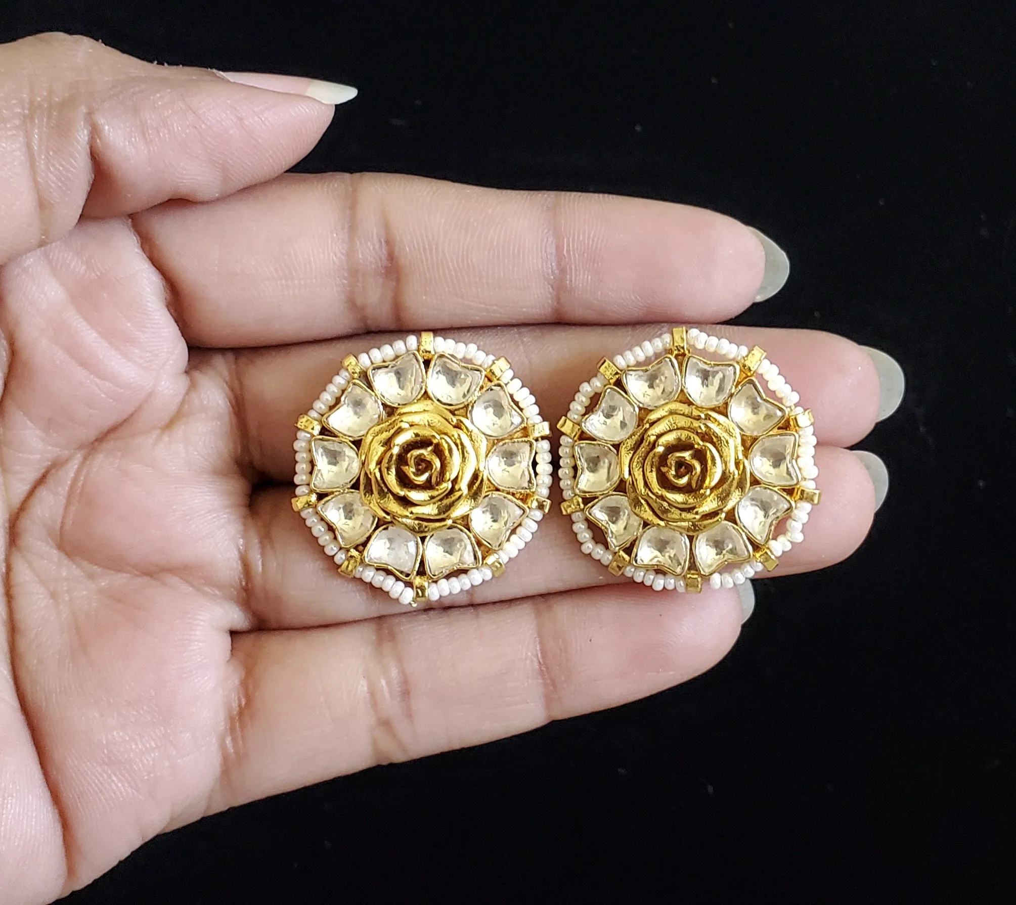 Pachi Kundan Rose Bud Studs With Gold Plating B11 White