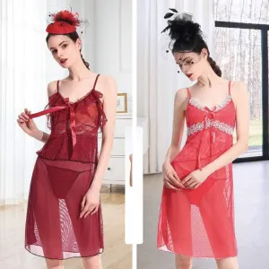 Pack Of 2 See Through Short Nighty  - Maroon & Baby Pink
