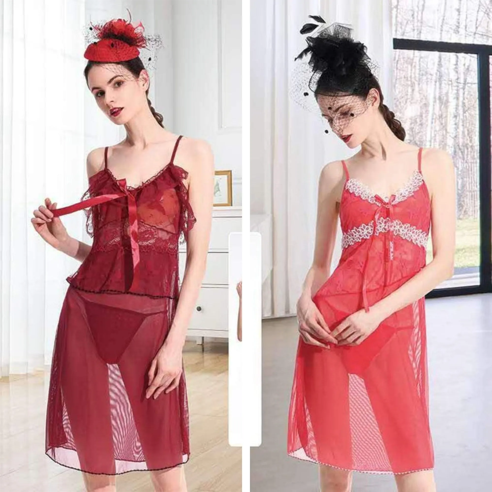 Pack Of 2 See Through Short Nighty  - Maroon & Baby Pink