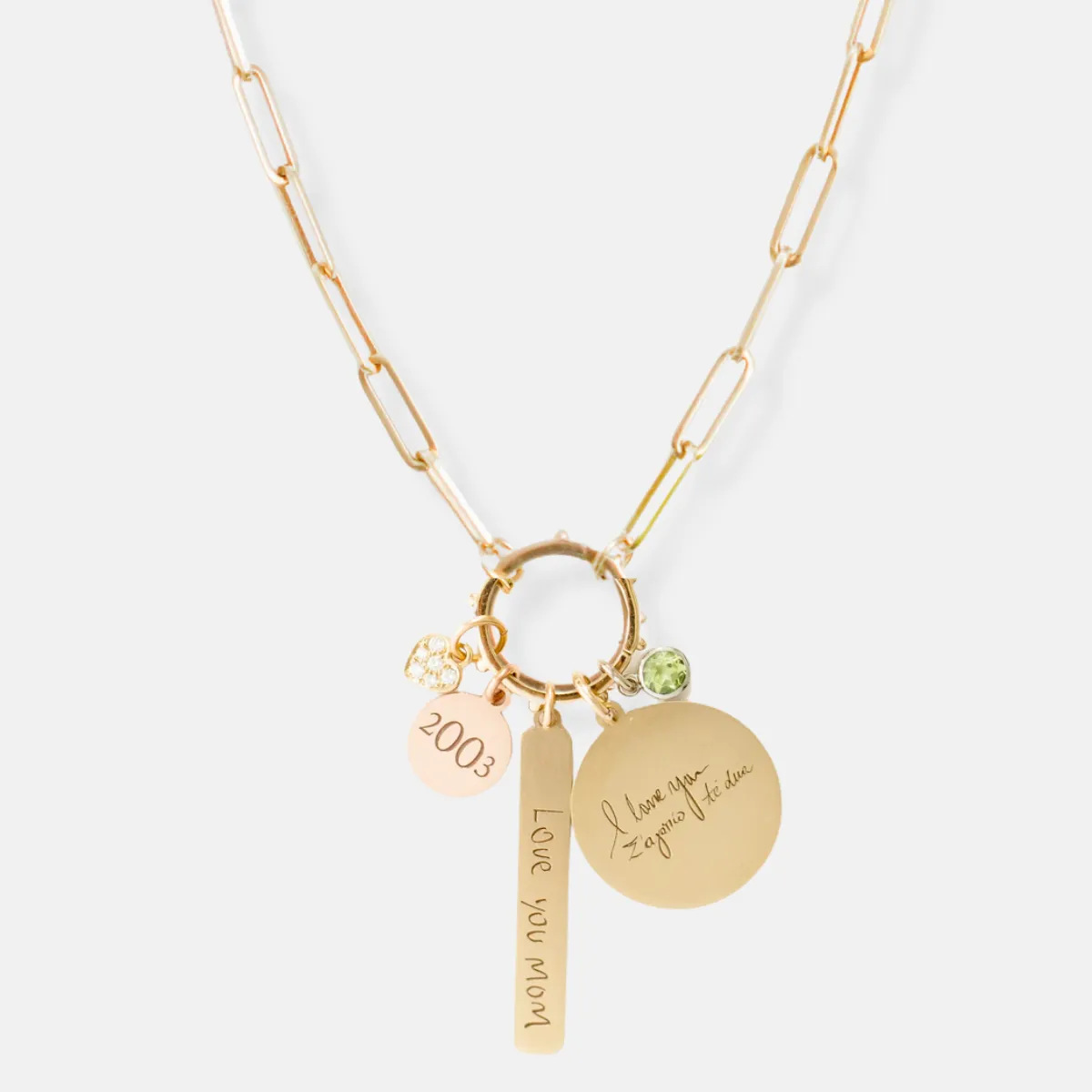 Paper Clip Chain Necklace with Charm Holder and Personalized Medallions