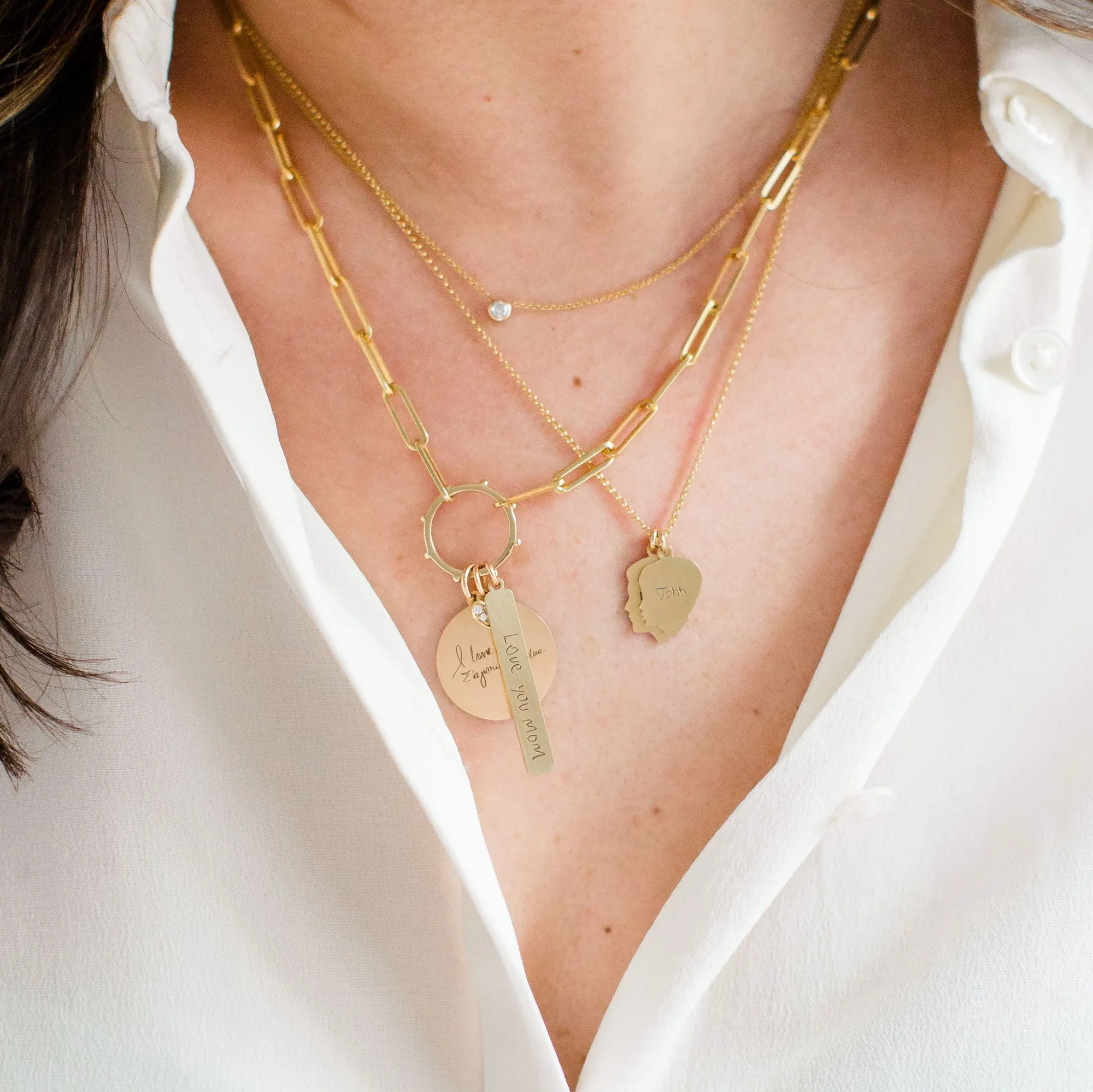 Paper Clip Chain Necklace with Charm Holder and Personalized Medallions