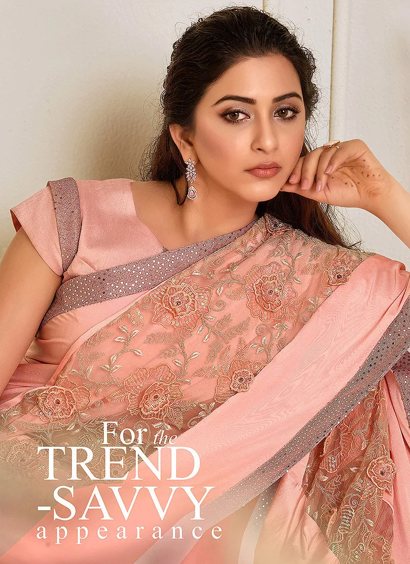 Peach Sequence Embroidered Designer Saree