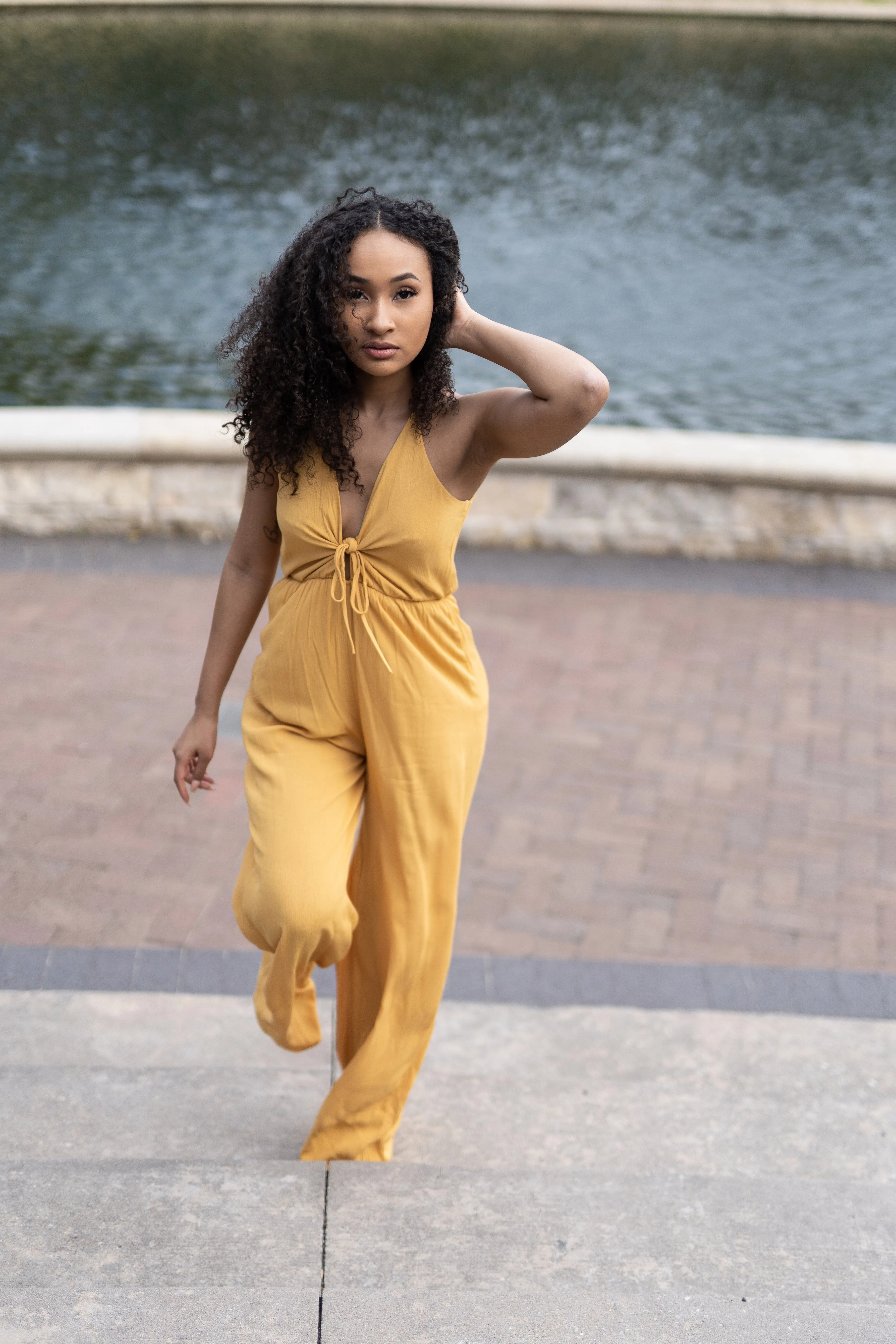 Plunging Neckline Jumpsuit (Mustard)