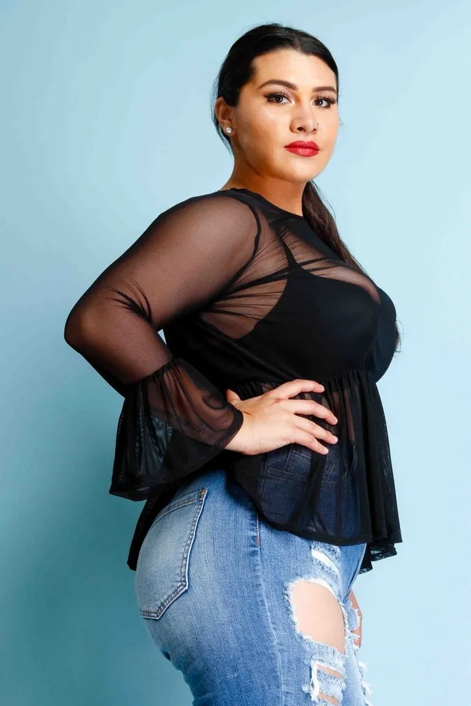 Plus Size Bell Sleeved See Through Mesh See Through Top