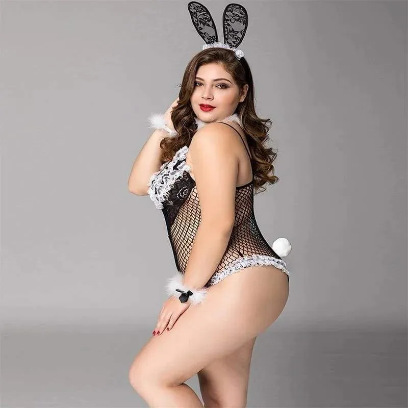 Plus Size Bunny Girl - Fishnet See Through Sexy Lingerie Set Erotic Costume